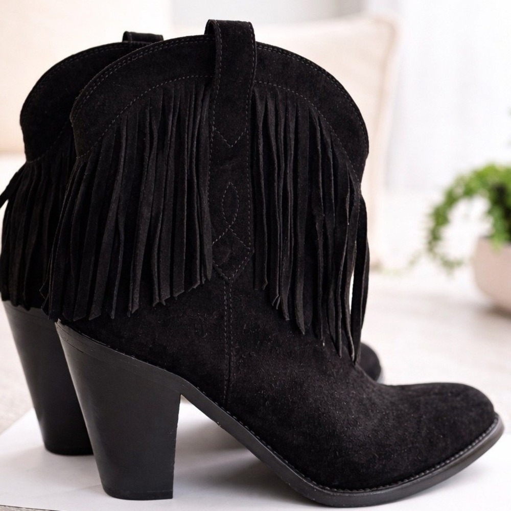 Saint Laurent Paris YSL Fringe Cat Boots Black‎ Suede Western Ankle Booties 38.5